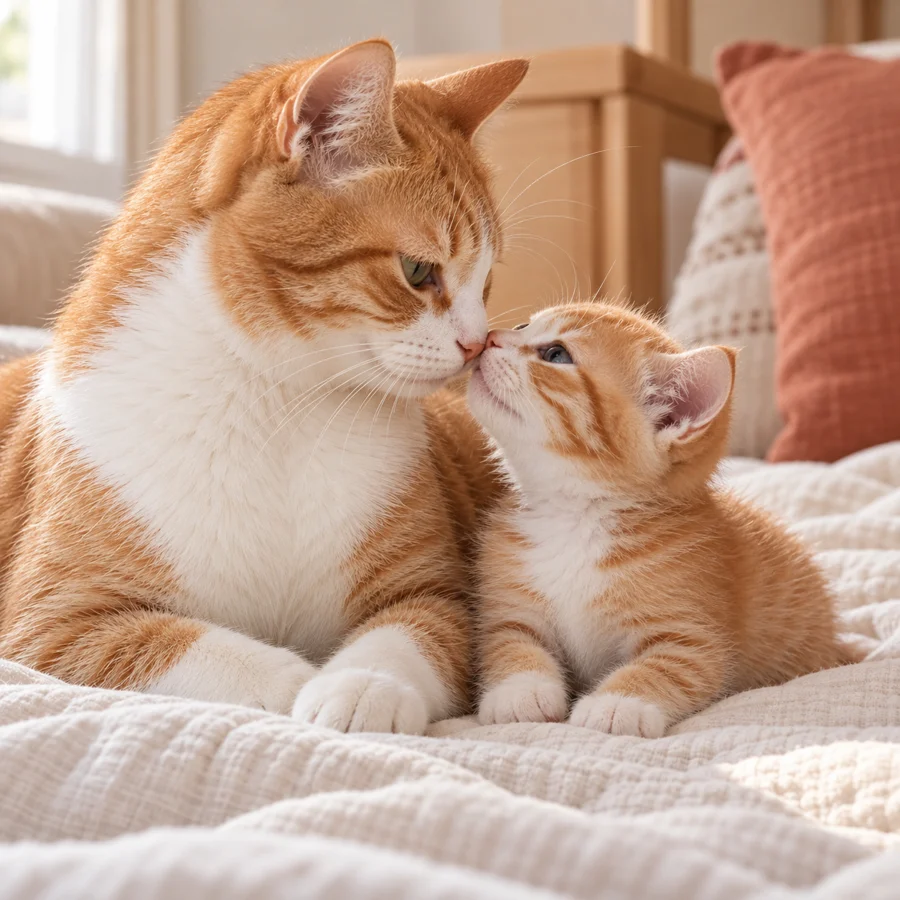 Uno zenzero e un gatto adulto bianco toccano il naso con un gattino
