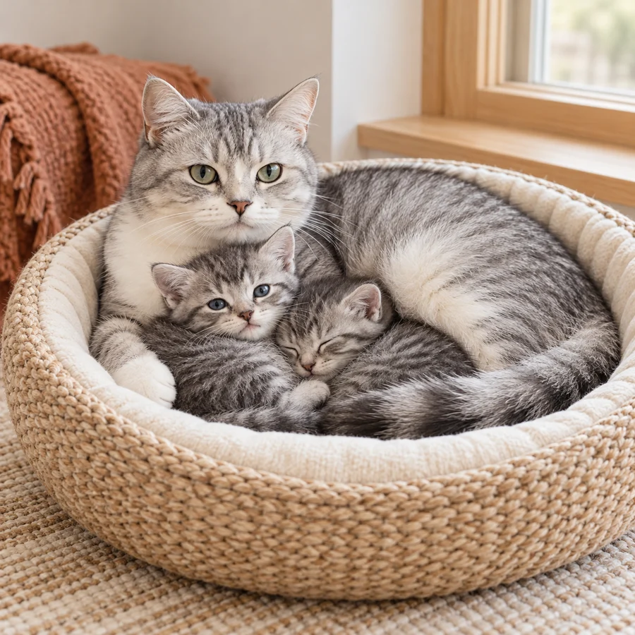 Gatto adulto grigio e bianco con due gattini in un letto intrecciato