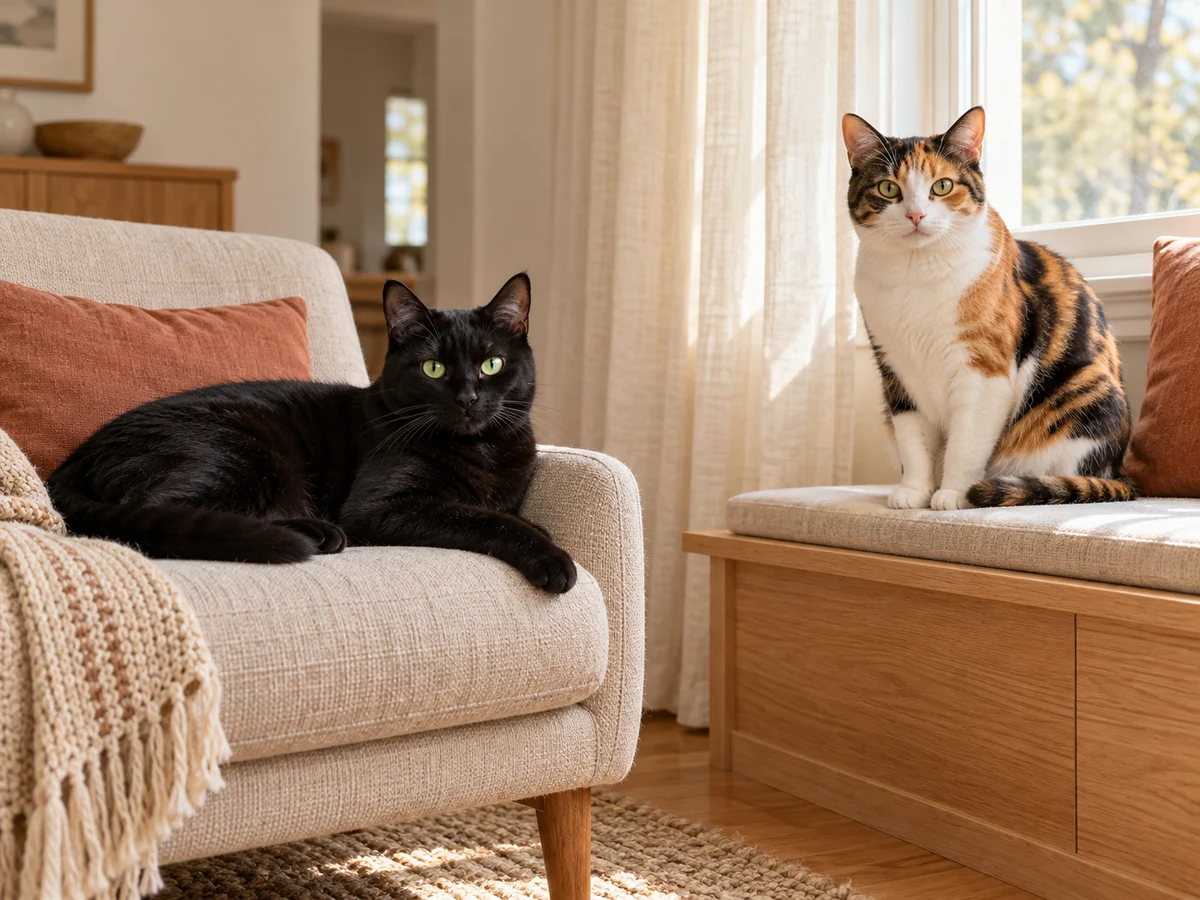 Eine schwarze Katze und eine Calico-Katze, die an getrennten Orten in einem warmen Zuhause ruht